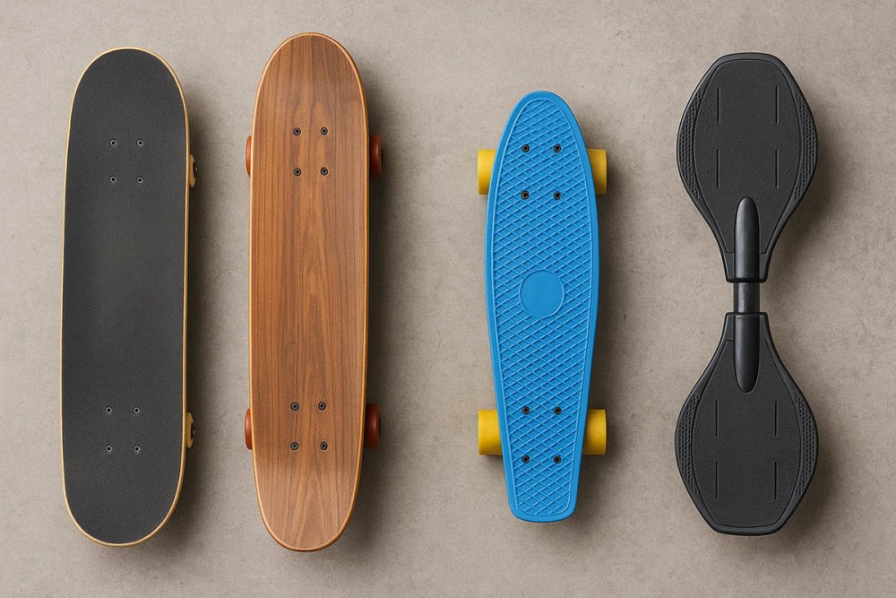 různé boardy vedle sebe - skateboardy, longboardy atd.