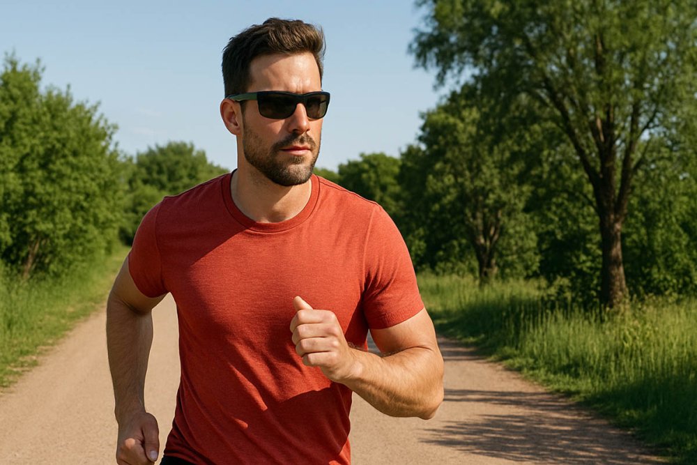 běžec s polarizačními brýlemi jak běhá na slunci