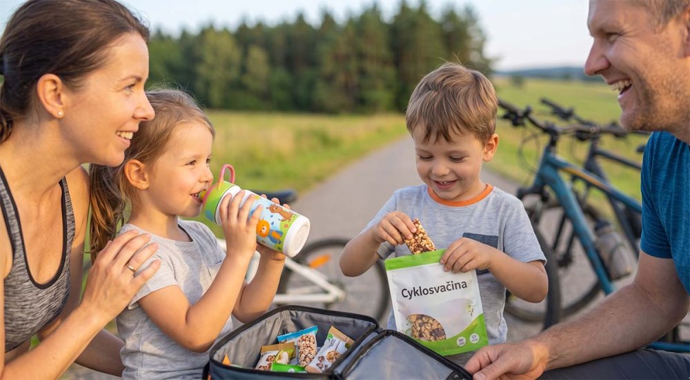 rodina s dětmi na cyklovýletě