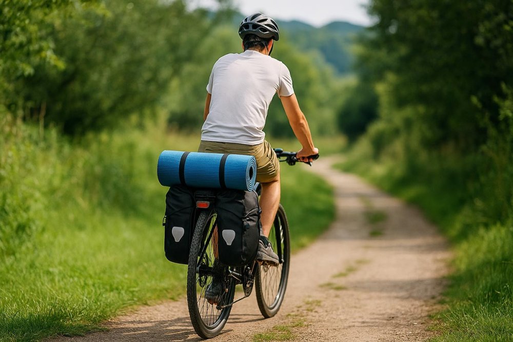 cyklista na kole, který má na zadním nosiči karimatku